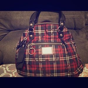 Blue and red plaid coach poppy handbag